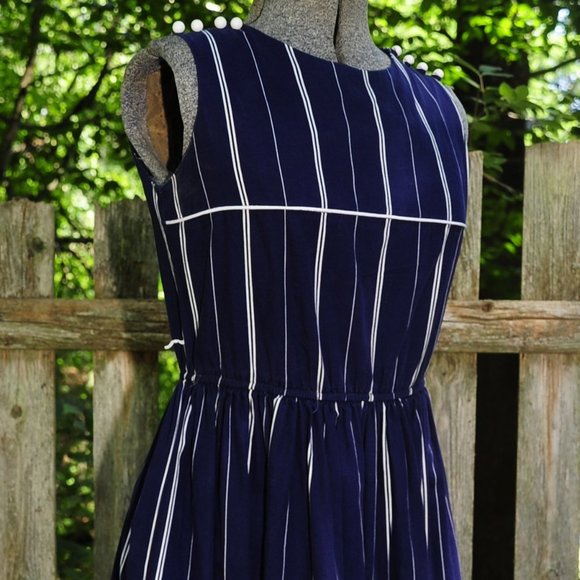 VTG Navy Blue & White Cotton Sleeveless Dress S/M - Picture 9 of 12